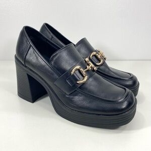 BAMBOO Starsky Black Vegan Leather Gold Horsebit Platform Block Heel Loafers 10